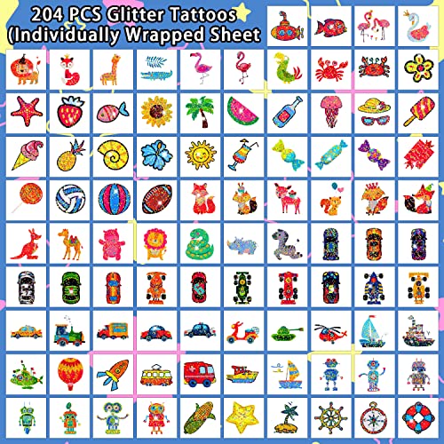 Partywind 204 Glitter Styles Individually Wrapped Sheets Kids Fake Tattoos, Birthday Surprise for Boys and Girls Party Supplies Favors, Waterproof Tattoo Stickers for Goodie Bag Stuffers
