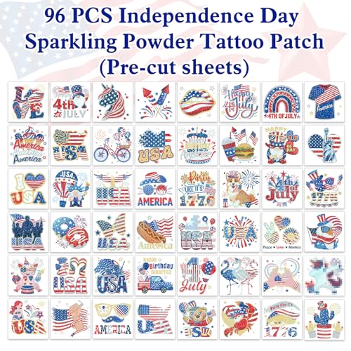 HOWAF 4th/Fourth of July Temporary Tattoos 96 Individually Sheets Giltter American USA Flag Tattoos Stickers Giltter gold and silver Independence Day Tattoos for Patriotic Independence Day