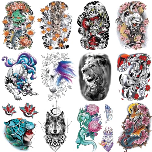 VERKSTAD Christmas 12 Sheets Half Arm Temporary Tattoos For Men and Women, Tiger Dragon Waterproof Temp Tattoo Stickers Adults, Hand and Body Art Realistic Tattoo Flower Animals