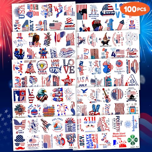 100 PCS Independence Day American Temporary Tattoos Themed Birthday Party Decorations Favors Supplies Decor Cute 4th of July Fourth of July Tattoo Stickers Gifts For Boys Girls Class Prizes Carnival