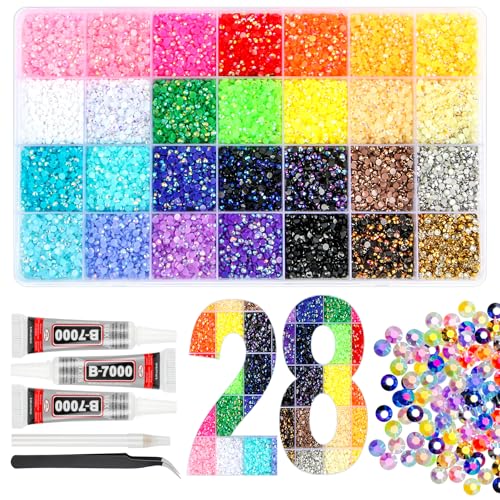 18000Pcs Resin Jelly Rhinestones for Bedazzling, 28 Colors 4mm Flatback Gems for Diamond Art, Bedazzler Kit with 3Pcs 10ml B7000 Jewelry Glue for Crafting Crafts Book Shoes Nail Art