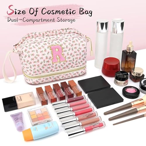 Personalized Initial Makeup Bag, Pink Flowers Quilted Makeup bag Valentine's Day for Girls,Teen, Women, Double Layer Travel cosmetic Bag with Make up Brush Organizer,Cute Travel Toiletry Pouch