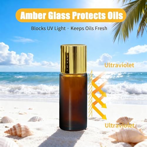 2Pack Green Aventurine Roller Bottles for Essential Oils, 50ml Refillable Amber Glass Roll On Bottles with Natural Crystal Roller Balls, Leak-Proof Travel Perfume Bottle with Gold Caps