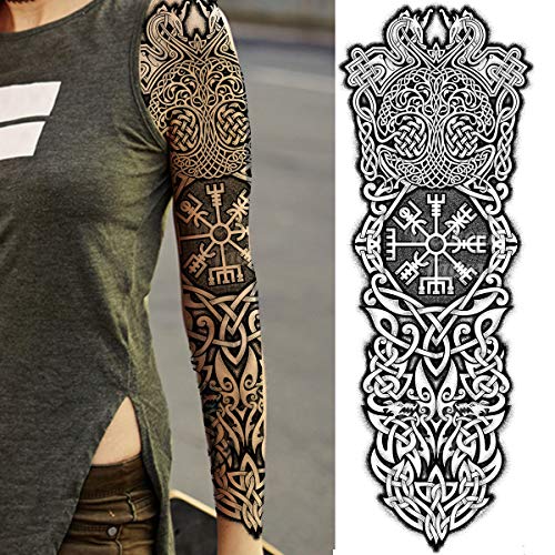 temporary tattoo full arm stick on body art viking icelandic medieval celtic transfer for women and men cosplay halloween adult aegishjalmur temp tattoo tree of life wolfs fancy dress