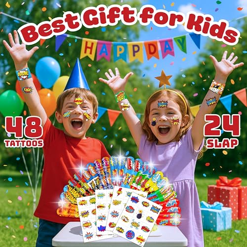 72PCS Hero Party Set - 48PCS Temporary Tattoos & 24PCS Slap Bracelets - Themed Pow Birthday Supplies, Baby Shower Gifts, Classroom Rewards & Party Decor for Kids