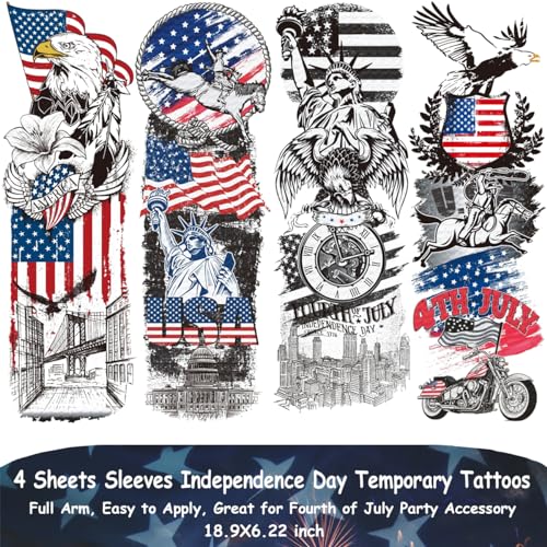 4th of July Temporary Tattoos Full & Half Arm - American Flag Tattoos for Kids Women Men Fourth of July Party Decorations and USA Party Favors,Independence Day Party Supplies