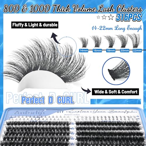 Lash Clusters Kit 316pcs Lash Extension Kit 80D+100D Lash Clusters with Bottom Lashes 14-22mm Thick Volume Individual Lashes DIY Lash Extension Kit by Anforlin