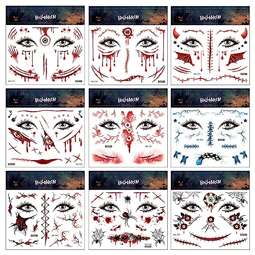 Halloween Temporary Tattoos Day of the Dead Tattoo Stickers Wound Bloody Eye Tattoo Decals 10 Sheets Fake Tattoos for Halloween Party Makeup Decorations