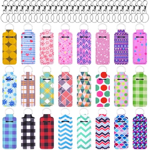 Duufin 24 Pieces Chapstick Holder Keychains Bulk Lipstick Holder Keychians Lip Balm Holder with 24 Pieces Metal Clip Cords for Purse Backpack