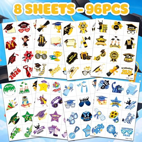 96 PCS Happy Graduation Temporary Tattoos for Kids - Pre-Cut Cute Grad Congrats Designs for Graduation Theme Parties, Fun Birthday Party Supplies Decorations Favors (Graduation-VT1)
