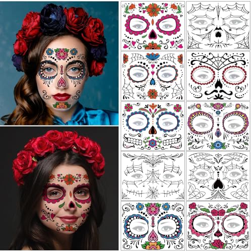 Day of the Dead Face Tattoos 10 Sheets - Halloween Temporary Tattoos Sticker Kit D?a de Los Muertos Glitter Red Roses Skeleton Sugar Skull Fake Tattoo for Halloween Makeup on Face Body