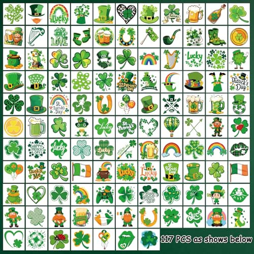 117 PCS St Patricks Day Temporary Tattoos for Boy Girl, Green Shamrock St. Patrick's Day Fake Tattoos for Women Men Adult, Irish Parade & Party Favor Supply Decoration