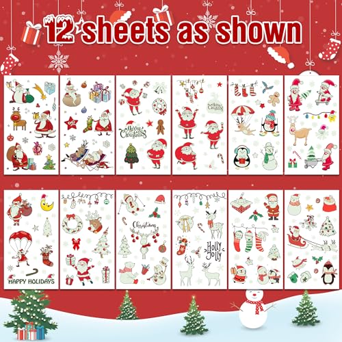 243PCS Christmas Tattoos, 12Sheets Christmas Party Favors, Luminious Xmas Tattoos Stocking Stuff, Xmas Stickers, Bulk Xmas Holiday Ugly Sweater Party Supplies Accessories Candy