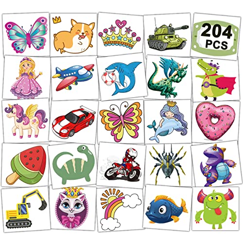 204 PCS Individually Wrapped Temporary Tattoos for Kids - Fun Tattoos for Boys Girls Birthday Party Favors Goodie Bag Fillers