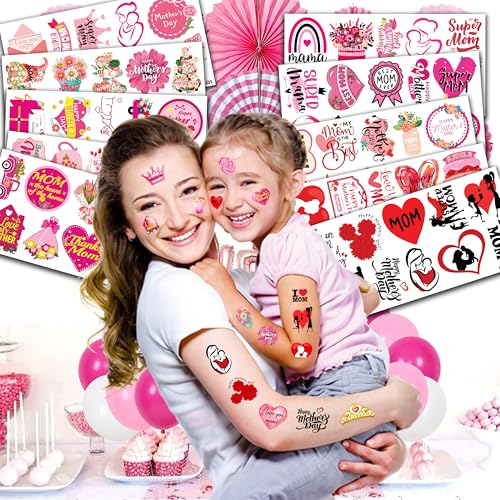 102 PCS Happy Mother¡¯s Mothers Day Temporary Tattoos Birthday Themed Party Decorations Supplies Favors Decor Cute Best Mom Ever Stickers Tattoo Gifts for Class Prizes Women Kids Boys Girls Carnival