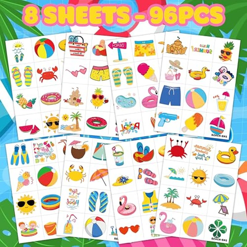 96PCS Beach Pool Temporary Tattoos ? Summer Vacation Theme Birthday Party Decorations, Fun Water Play Stickers for Kids Boys Girls, Party Favors, School Gifts & Rewards