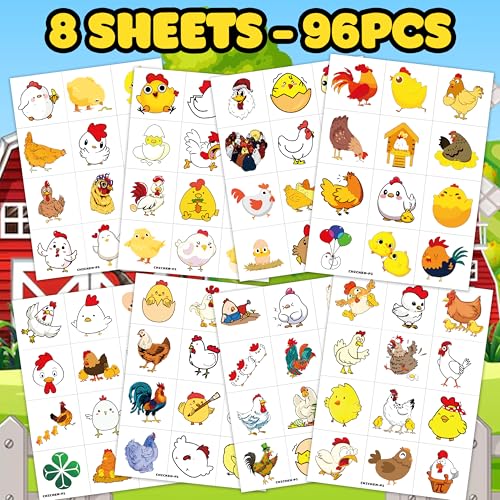 96 PCS Chicken Pre?Cut Temporary Tattoos Birthday Party Decorations Favors Supplies Yellow Chicken Farm Animals Decor Stickers For Girls Boys Gift School Prizes Rewards