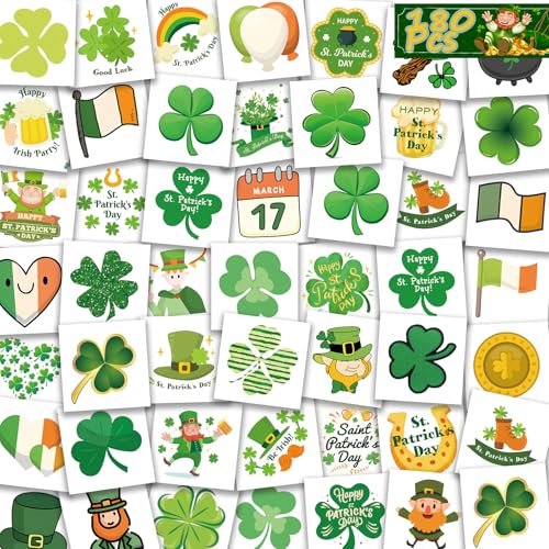 180Pcs St-Patrick's Day Temporary Shamrock-Tattoos - 60Styles Face Tattoos Lucky Irish Saint Pattys Art Makeup Party Birthday Decorations Favors Supplies Traditional Holiday Festival Gift Idea