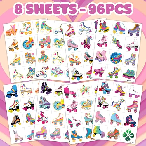 96 PCS Roller Skate Skating Pre-Cut Temporary Tattoos Themed Birthday Party Favors Decorations Supplies Decor Retro 80s 90s Disco Skateboard Tattoo Stickers Gifts For Boys Girls Class (Normal)