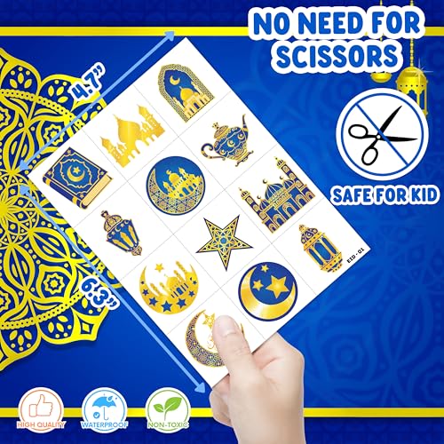 120 PCS Happy Ramadan Mubarak Eid Al Fitr Pre-Cut Temporary Tattoos for Kids | Super Cute Themed Birthday Party Favors, Supplies, Decorations, Fake Tattoo Stickers, School Rewards & Gifts Boys & Girls