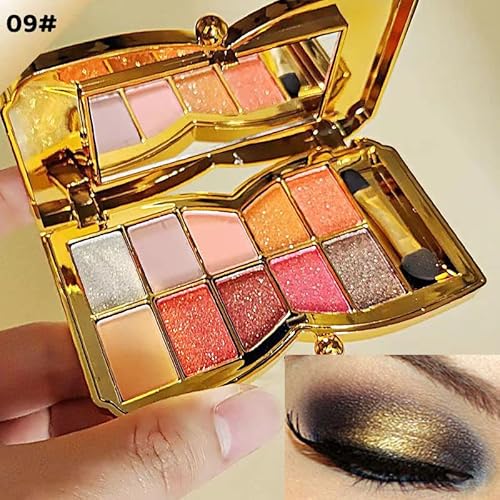 Gold Eye Shadow Eyeshadow Palette Shimmer - 10 Colors Sparkly Eyeshadow Glitter Highly Pigmented Long Lasting Waterproof Sweatproof Professional Nudes Warm Natural Neutral Smoky Cosmetic (#09)