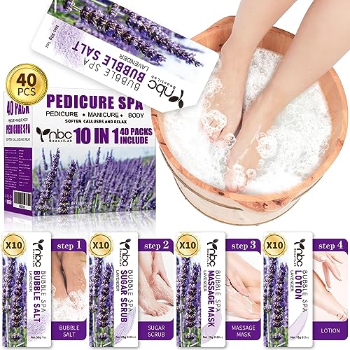 40 PCS Foot Soak, Pedicure Kit Foot Soak Set With Bubble Salt, Sugar Scrub, Massage Mask, Massage Lotion In a Box 4 Step Foot Spa Kit For Dry Cracked Feet, Tired Feet,10 Set Lavender