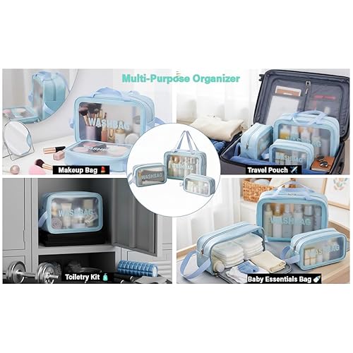Makeup Cosmetic Bag Travel Organizer ? 3 Piece Set in Blue, PU+PVC Material ? Small, Medium, Large ? Waterproof, Durable & Stylish Toiletry Bags for Women