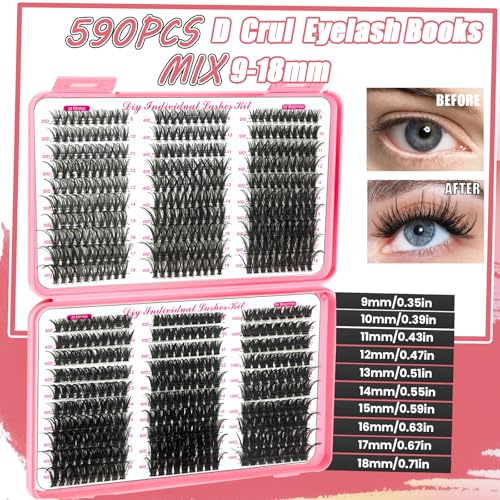 DIY Lash Extension Kit 590Pcs 9-18mm D Curl Lashes Clusters with Lash Bond and Seal Glue Remover Lash Shampoo Cleansing Brush Headband Wristband Tweezers Eyelash Brush Applicator