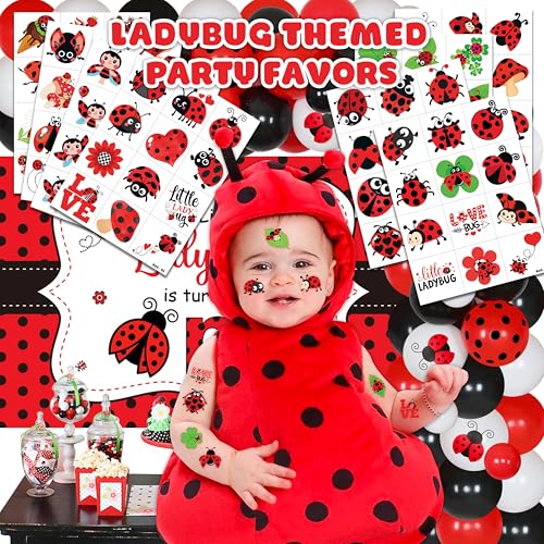 96 PCS LadyBug Pre-Cut Temporary Tattoos for Kids | Super Cute Themed Birthday Party Favors, Supplies, Decorations, Animal Fake Tattoo Stickers, School Rewards Prizes & Gifts Boys & Girls