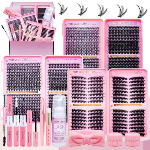 Lash Clusters Kit Eyelash Clusters Kit Cat Eye Lashes Large Pack Cluster Eyelash Extensions Lash Extension Kit Pesta?as Postizas Naturales with Lash Bond&Seal,Remover,Tweezers,Cleanser(Lash Kit-5)
