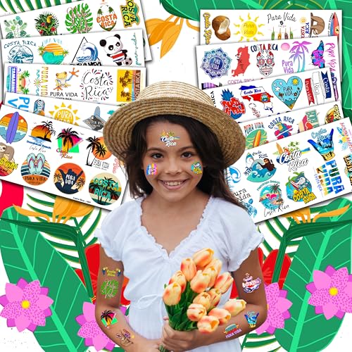 100PCS Costa Rica Pura Vida Temporary Tattoos Birthday Party Decorations Favors Supplies Summer Tropical Beach Tattoo Stickers Gifts For Kids Boys Girls School Rewards Prizes Carnival
