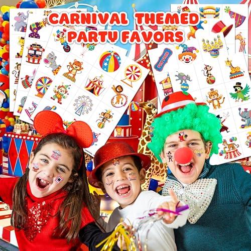 96PCS Carnival Circus Clown Pre-Cut Temporary Tattoos for Kids | Super Cute Themed Birthday Party Favors, Supplies, Decorations, Animal Fake Tattoo Stickers (Multiple)