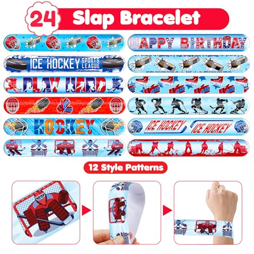48-Piece Ice Hockey Party Set: Temporary Tattoos (24PCS) and Slap Bracelets (24PCS) - Perfect for Themed Birthday Parties, Baby Showers, Classroom Rewards, and Gifts for Kids