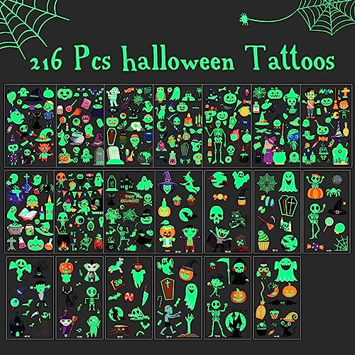 216Pcs Glow Halloween Temporary Tattoos for Kids Goody Bag Stuffers Prizes Party Favors
