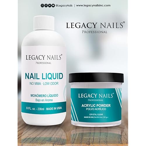 LEGACY NAILS - Crystal Clear Acrylic Powder 8oz AND Nail Sculpting Liquid Monomer 8oz - Medium Setting Time - MMA-free - Superior Adhesion - Natural Finish