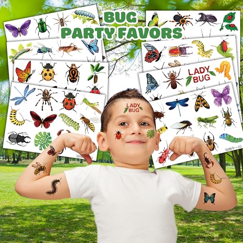 Bug Temporary Tattoos Party Favors 96 PCS Bees, Spiders, Beetles, Caterpillar, Ladybug Themed Stickers for Kids Birthday Party Supplies, Decorations, Favors, and Prizes - Cute Gifts for Boys