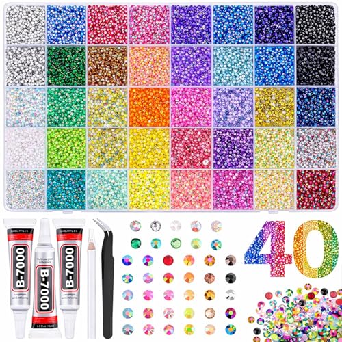 40 Colors Flatback Resin Jelly Rhinestones, 3mm 32000 Pieces with B7000 Glue for Bedazzling, Crafting, Clothing, Shoes, Nail Art, Diamond Art