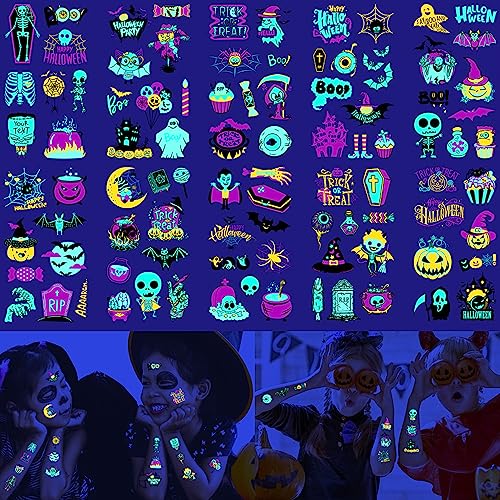 10 Sheets Glow Under UV Blacklight Neon Halloween Temporary Tattoo, 95+ Styles Waterproof Luminous Fake Tattoo for Kids Party, Toddlers, Children, Boys, and Girls