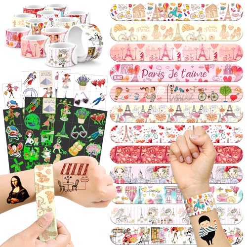 96 PCS Paris Party Favors Set ? 72 Pre-Cut Temporary Tattoos & 24 Slap Bracelets, Perfect for Romantic Birthdays & French-Themed Celebrations
