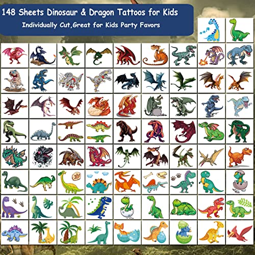 148 PCS Dinosaur and Dragon Temporary Tattoos for Kids - Dragon Individually Tattoos for Boys Girls Dinosaur Birthday Party Favors Goodie Bag Fillers