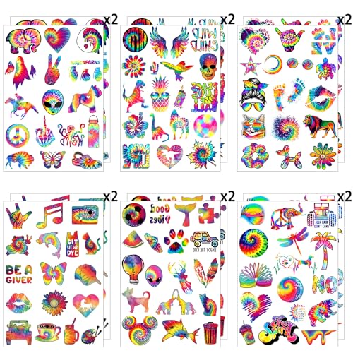 12 Sheets Tie Dye Temporary Tattoos Stickers, Tie Dye Birthday Party Supplies Decorations Cute Colorful Graffiti Fake Tattoos Party Favors Goodie Bag Fillers Party Game Gifts School Classroom Rewards