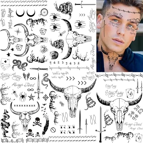5 Sheets Large Malone Tattoos For Men Women Adults, Halloween Malone Face Tattoos Sticker Prisoner Prison Set, Barbed Wire Rapper Temporary Tattoo Sticker Inmate Party Accessories Makeup Kit