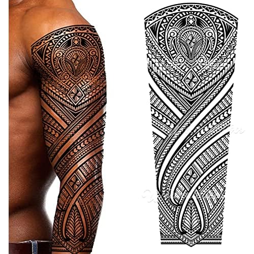 2 x Temporary tattoo turtles stick on black maori tribal body art sticker transfer for arms shoulder Aztec Polynesian Samoan Hawaiian for adult men and women luau party fancy dress