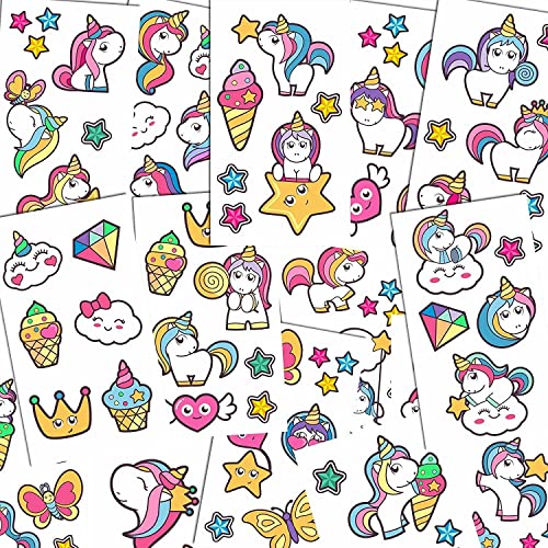 16 x Unicorn Kids Tattoos Temporary for a Party for Girls Age 7-8 Children Fake Transfer Stick on Rainbow Stars Butterfly Unisex Stickers Individual Sheets