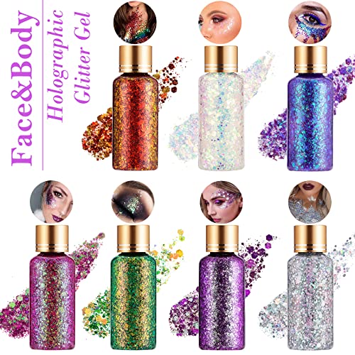Green Gold Face Body Hair Glitter Gel for St. Patrick's Day Mardi Gras Festival Rave Accessories, Long Lasting Holographic Chunky Mermaid Sequins Glitter Gel Makeup for Women Men, 1oz