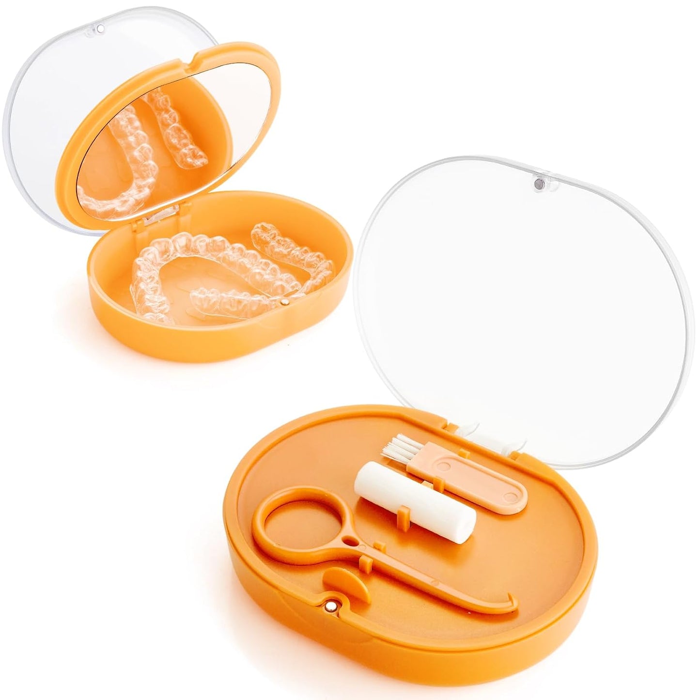 Orthodontic Retainer Storage Case with Cleaning Brush, Mirror & Chewing Tool - Double Layer Design