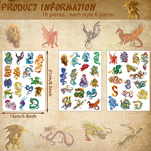 288 Pieces 18 Sheets Dragon Temporary Tattoos Stickers, Dragon Birthday Party Favor Supplies Waterproof Tattoos for Kids Adults Good Party Decor Classroom Prizes Rewards