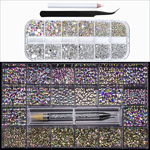 HUETFAT 2400pcs Nail Gems Ab Flatback Rhinestones Gems Stones. 8400pcs Multi Shapes Glass Gems for Nail Decoration Mix Size Flatback Nail Jewels Stones Packaged in Diamond Storage Box with Profession