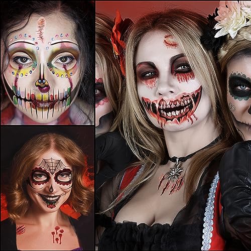 50 PCS Halloween Prank Makeup Face Tattoos Adult Women Men, 10PCS Horror Scary Halloween Face Mouth Tattoos Stickers, 40PCS Witch Ghost Pumpkin Jack Tiny Tattoo for Costume Cosplay Party Kit