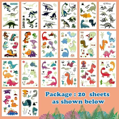 160 PCS Luminous Dinosaur Temporary Tattoos for Kids, Glow Dinosaur Decorations for Birthday Party Supplies Favors for Boys and Girls, Dinosaur Tattoos Stickers for Stocking Stuffers (20 Sheets)